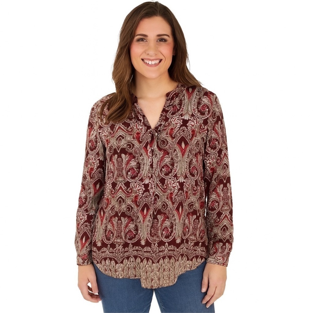 Cato Ornate Print Tunic, Dark Red & Tan, Size XS